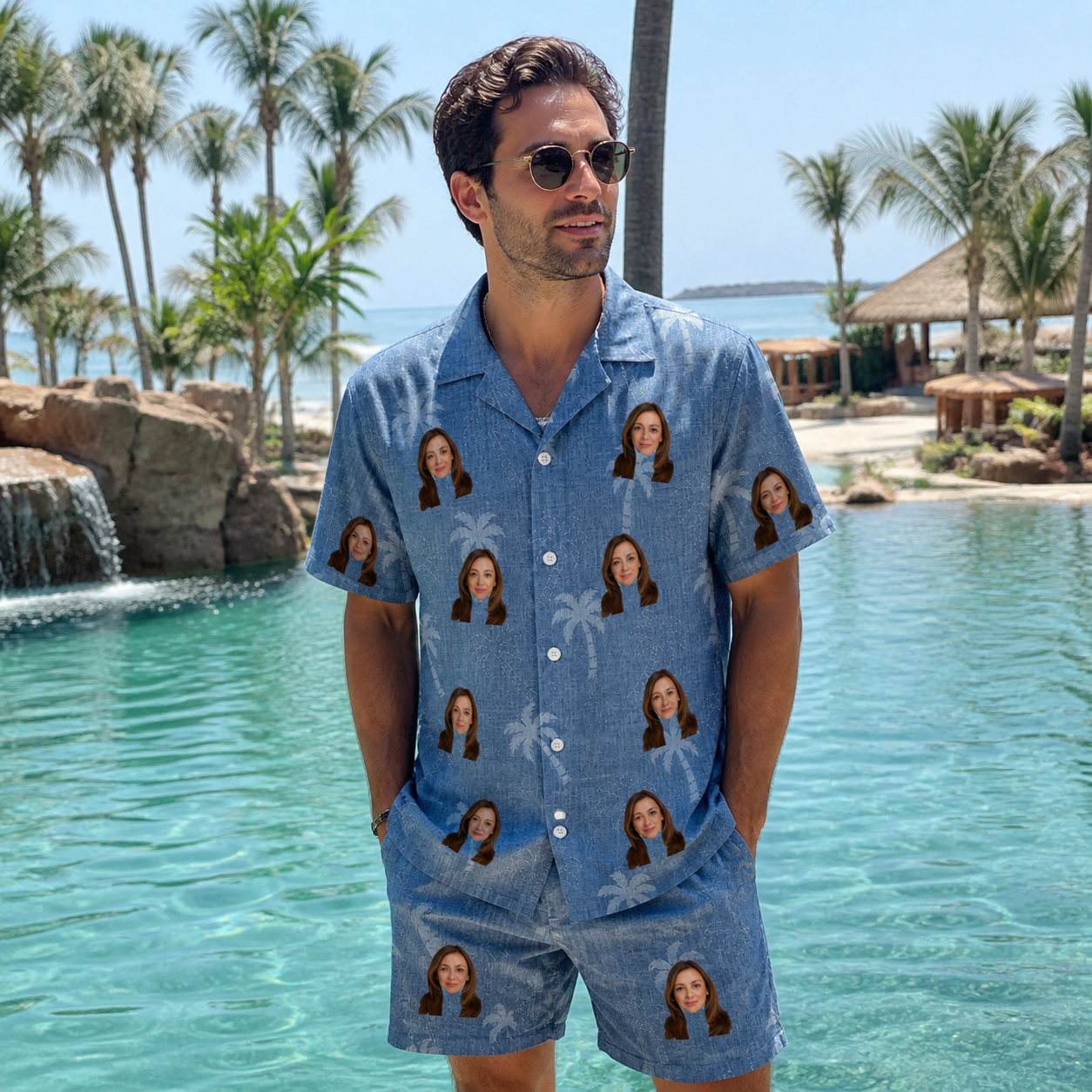 Real-life photo of someone wearing Men's Midcentury Mirage Custom Face Shirt & Shorts Set — custom faces printed all-over