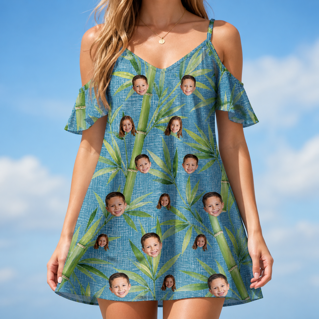 Model wearing Women's Bamboo Boogie Custom Face Off-Shoulder Dress printed with kids' faces
