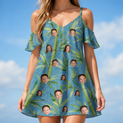 Model wearing Women's Bamboo Boogie Custom Face Off-Shoulder Dress printed with kids' faces