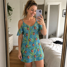 Real-life photo of someone wearing Women's Bamboo Boogie Custom Face Off-Shoulder Dress — custom faces printed all-over
