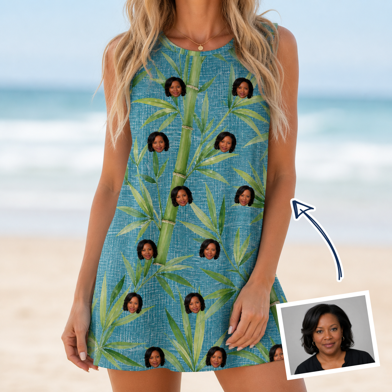 Woman wearing Women's Bamboo Boogie Custom Face Tank Dress — custom faces printed all-over