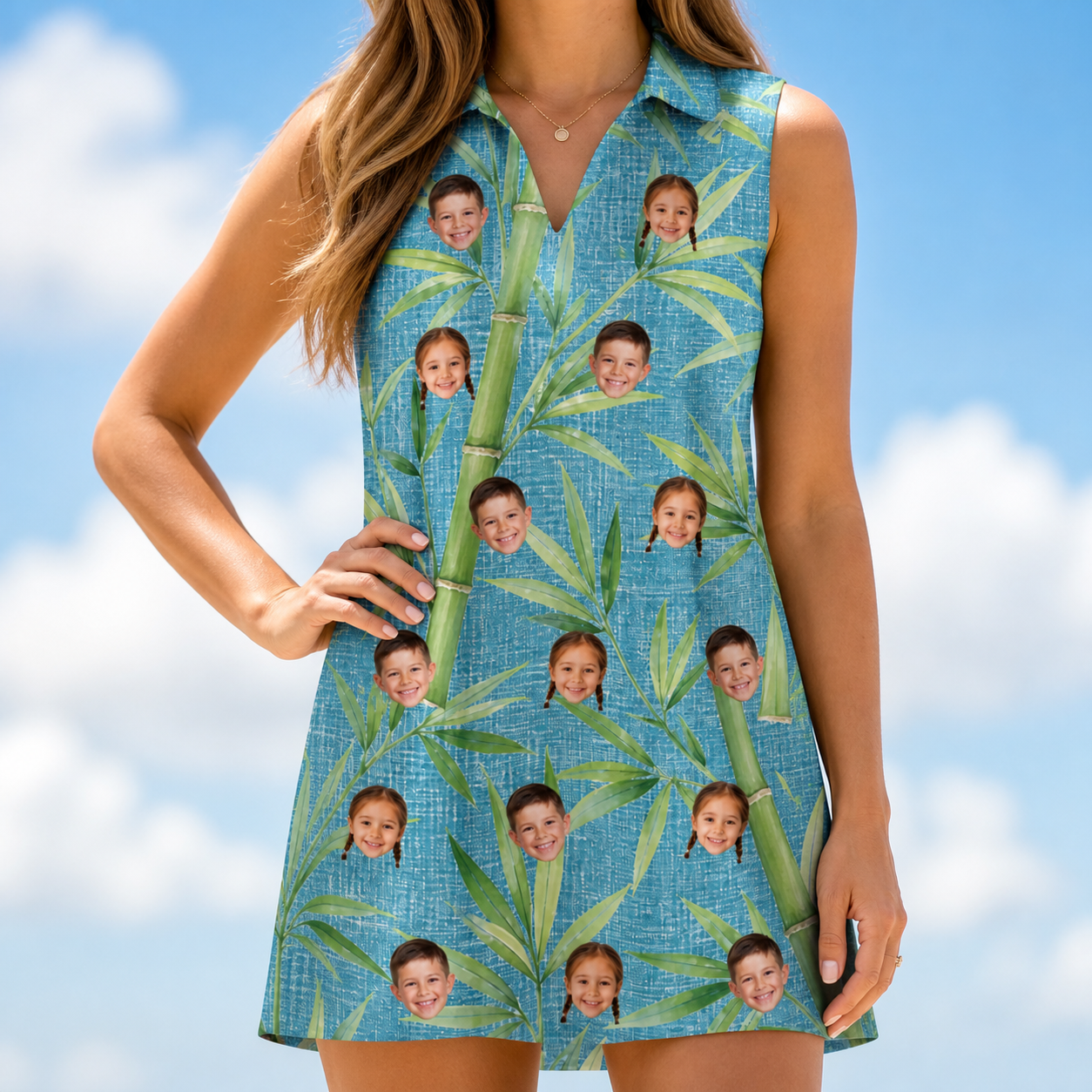 Model wearing Women's Bamboo Boogie Custom Face V-Neck Dress printed with kids' faces