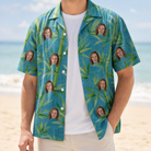 Man wearing Men's Bamboo Boogie Custom Face Hawaiian Shirt open over a white tee