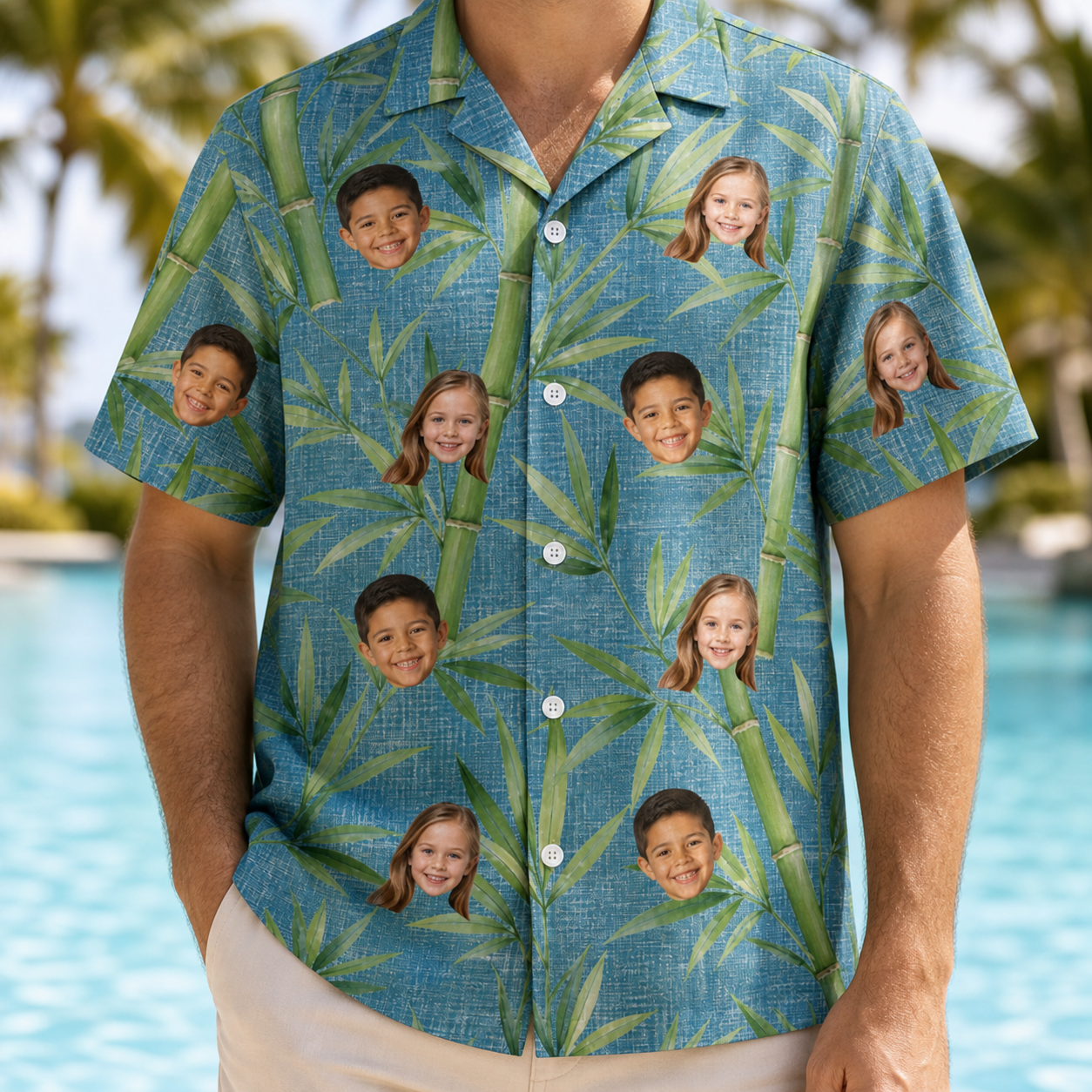 Model wearing Men's Bamboo Boogie Custom Face Hawaiian Shirt printed with kids' faces