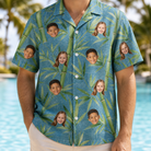 Model wearing Men's Bamboo Boogie Custom Face Hawaiian Shirt printed with kids' faces