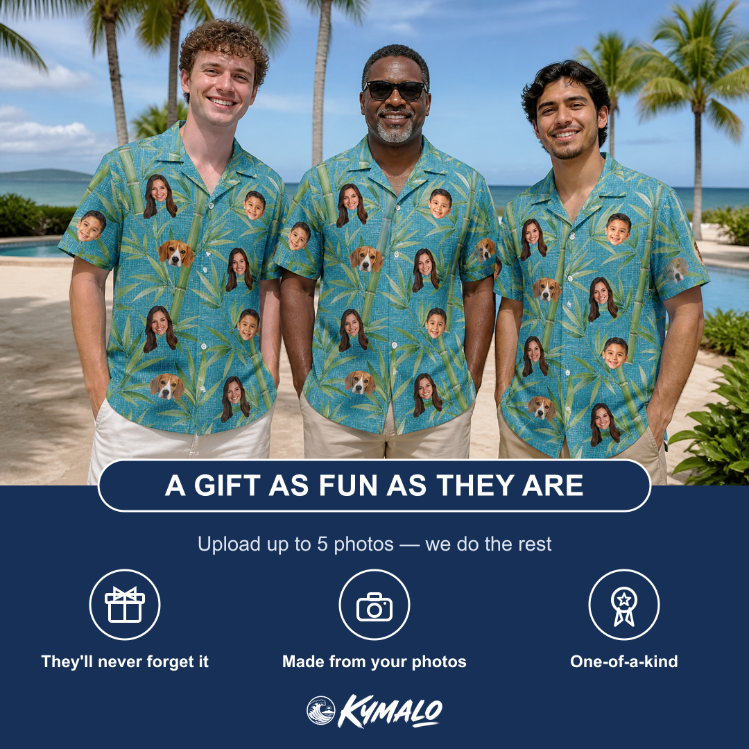 Friends in matching Men's Bamboo Boogie Custom Face Hawaiian Shirt — a group gift photo