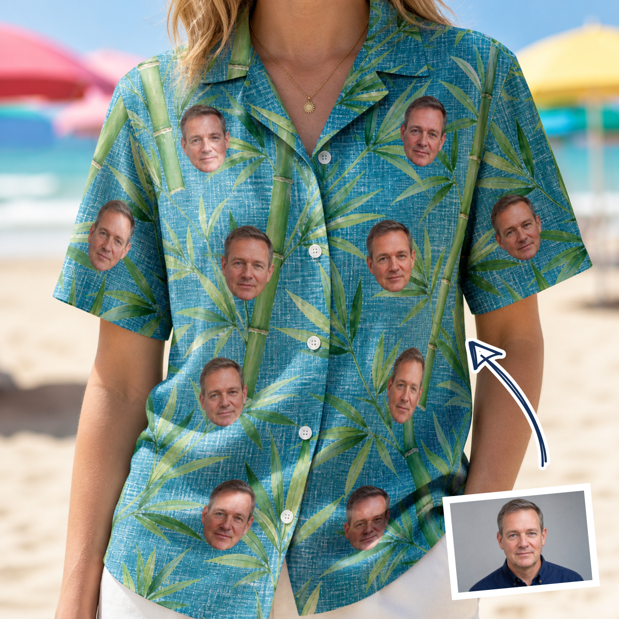 Woman wearing Women's Bamboo Boogie Custom Face Hawaiian Shirt — custom faces printed all-over