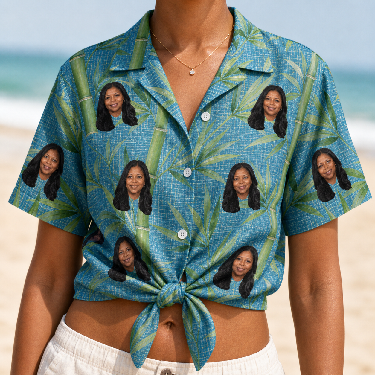 Woman wearing Women's Bamboo Boogie Custom Face Hawaiian Shirt tied at the waist