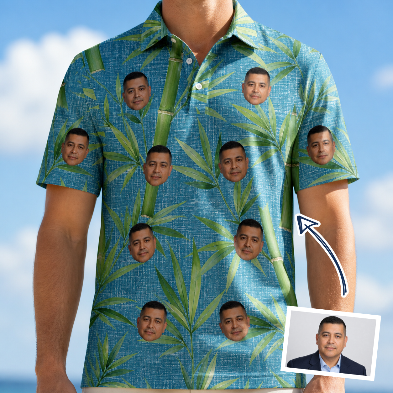 Man wearing Men's Bamboo Boogie Custom Face Polo Shirt — custom faces printed all-over