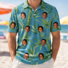 Model wearing Men's Bamboo Boogie Custom Face Polo Shirt printed with kids' faces