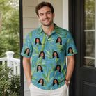 Real-life photo of someone wearing Men's Bamboo Boogie Custom Face Polo Shirt — custom faces printed all-over