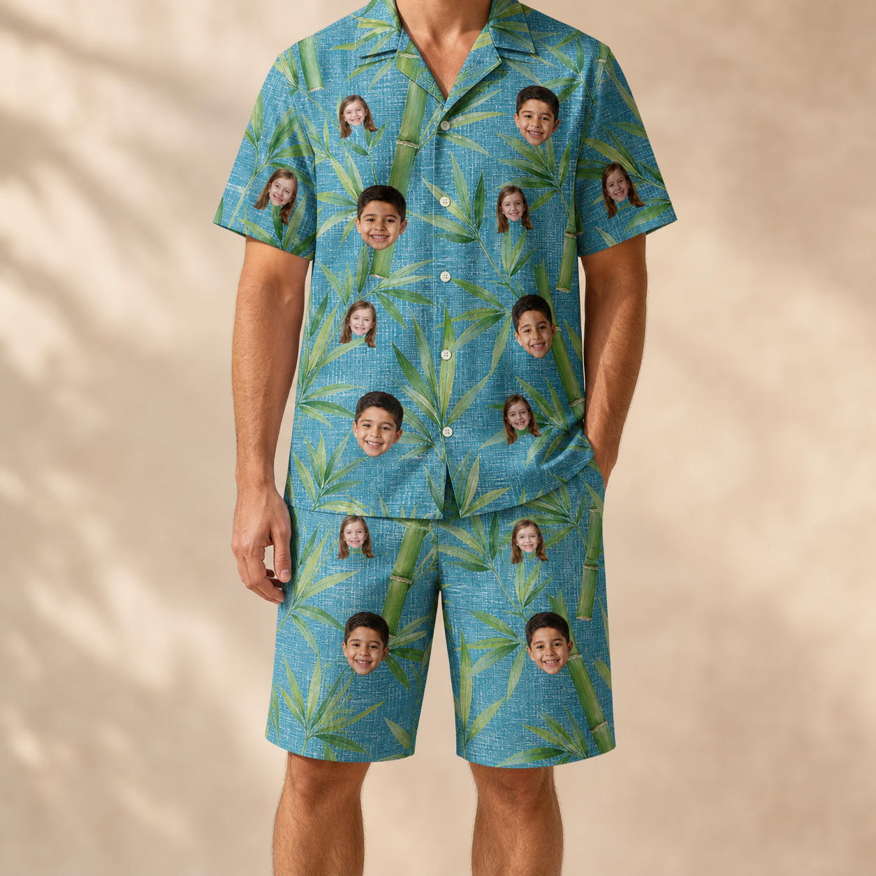 Model wearing Men's Bamboo Boogie Custom Face Shirt & Shorts Set printed with kids' faces