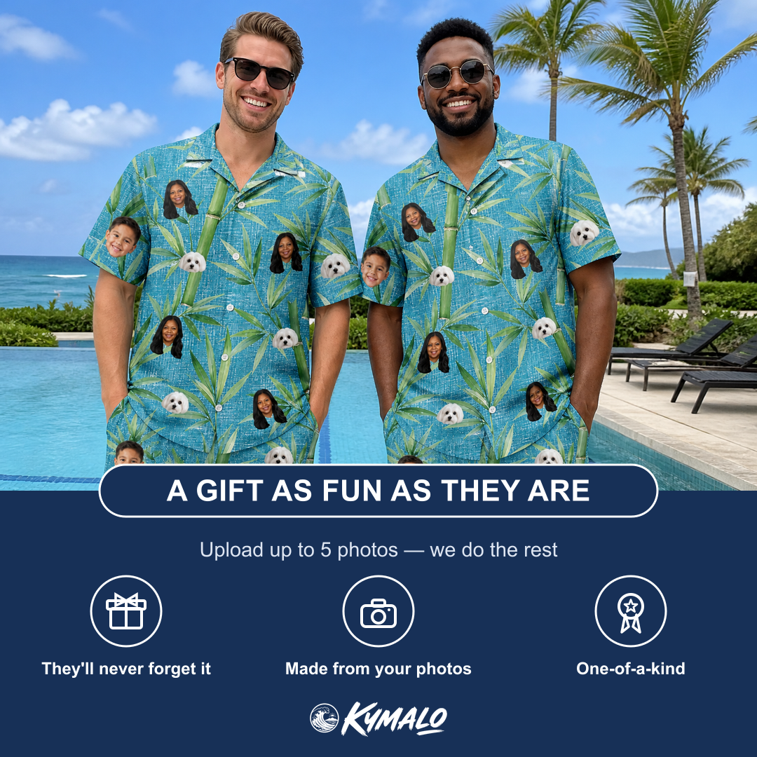 Friends in matching Men's Bamboo Boogie Custom Face Shirt & Shorts Set — a group gift photo