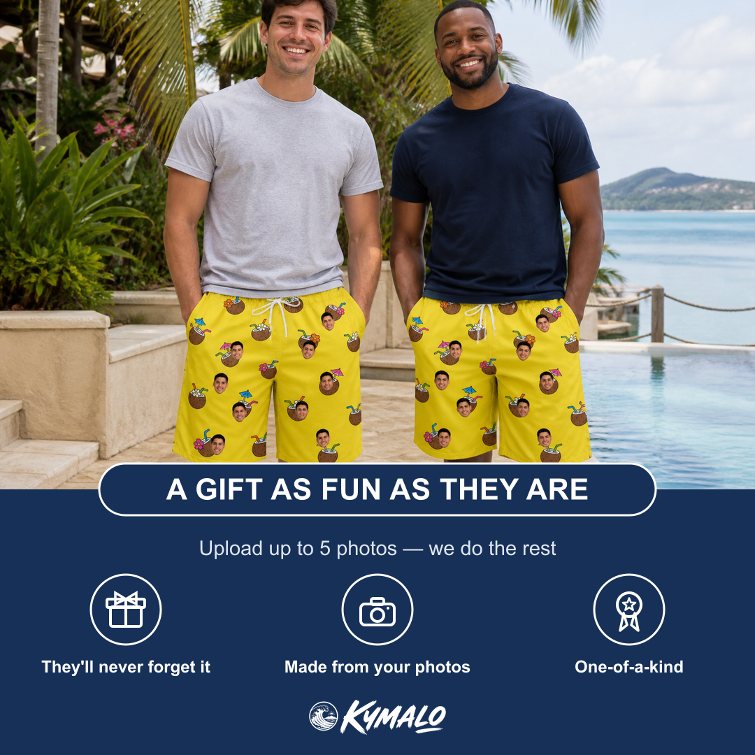 Friends in matching Men's Nutty Nectar Custom Face Beach Shorts — a group gift photo