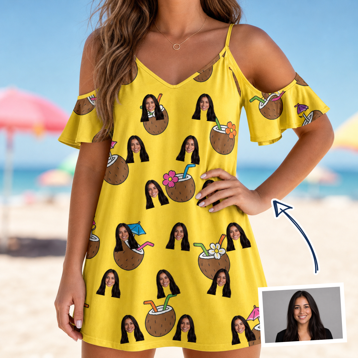 Woman wearing Women's Nutty Nectar Custom Face Off-Shoulder Dress — custom faces printed all-over