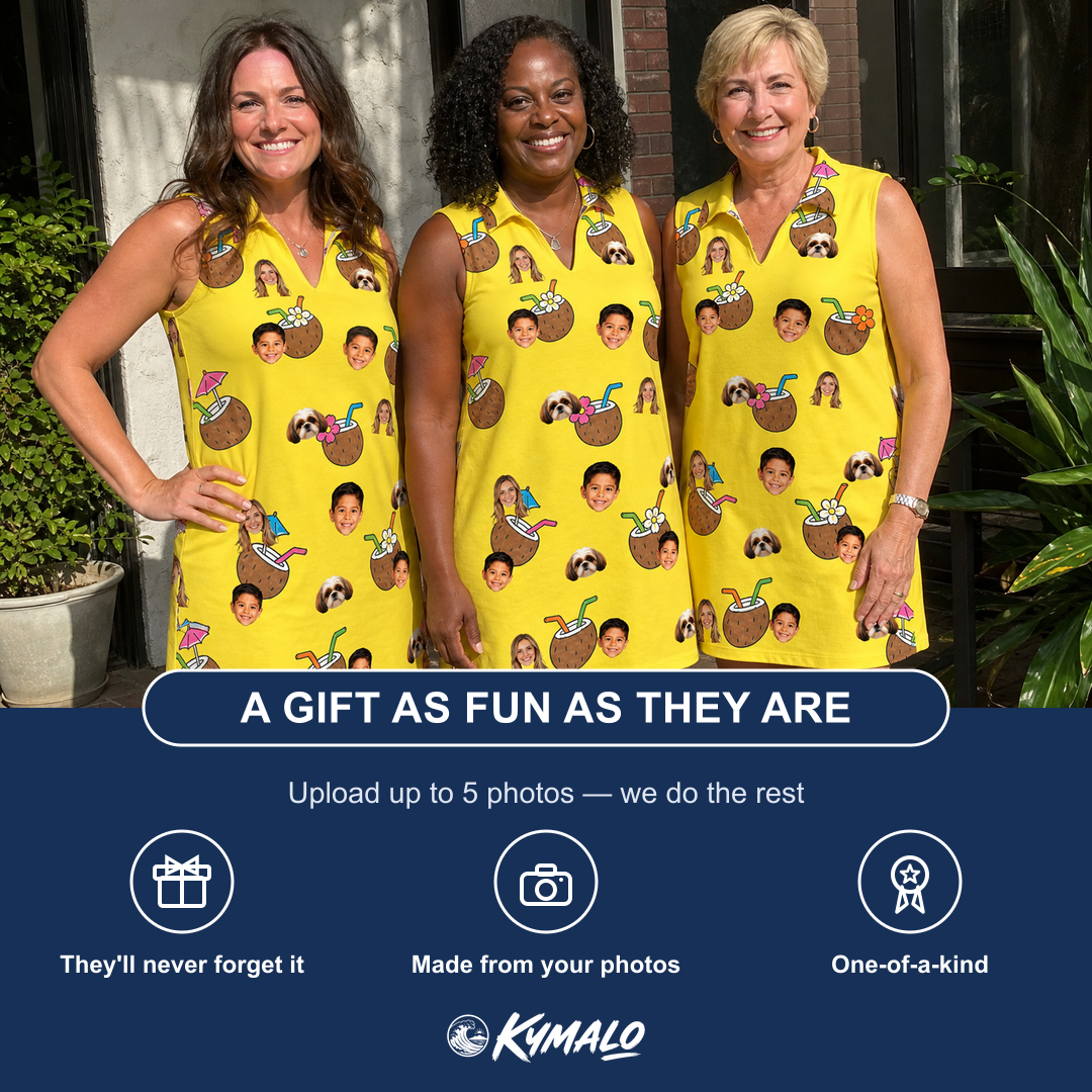 Friends in matching Women's Nutty Nectar Custom Face V-Neck Dress — a group gift photo