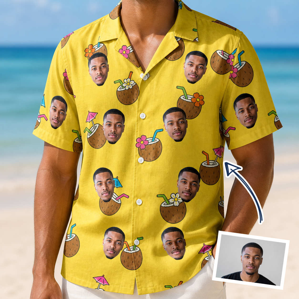Man wearing Men's Nutty Nectar Custom Face Hawaiian Shirt — custom faces printed all-over