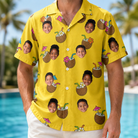 Model wearing Men's Nutty Nectar Custom Face Hawaiian Shirt printed with kids' faces