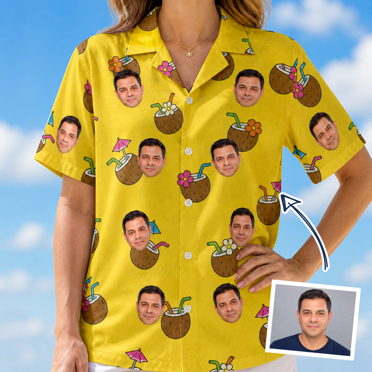 Woman wearing Women's Nutty Nectar Custom Face Hawaiian Shirt — custom faces printed all-over