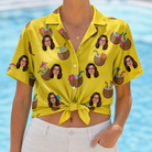 Woman wearing Women's Nutty Nectar Custom Face Hawaiian Shirt tied at the waist