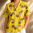 Model wearing Women's Nutty Nectar Custom Face Hawaiian Shirt printed with kids' faces