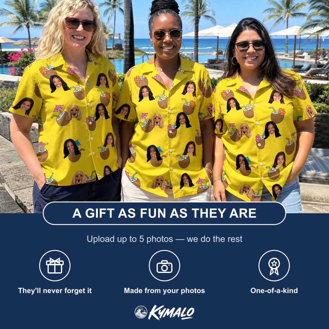 Friends in matching Women's Nutty Nectar Custom Face Hawaiian Shirt — a group gift photo