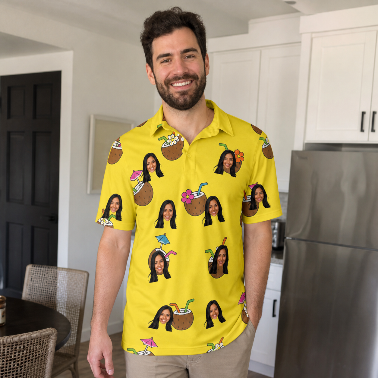 Real-life photo of someone wearing Men's Nutty Nectar Custom Face Polo Shirt — custom faces printed all-over