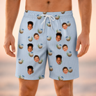 Model wearing Men's Rum Reverie Custom Face Beach Shorts printed with kids' faces