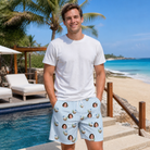 Real-life photo of someone wearing Men's Rum Reverie Custom Face Beach Shorts — custom faces printed all-over
