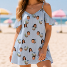 Model wearing Women's Rum Reverie Custom Face Off-Shoulder Dress printed with kids' faces