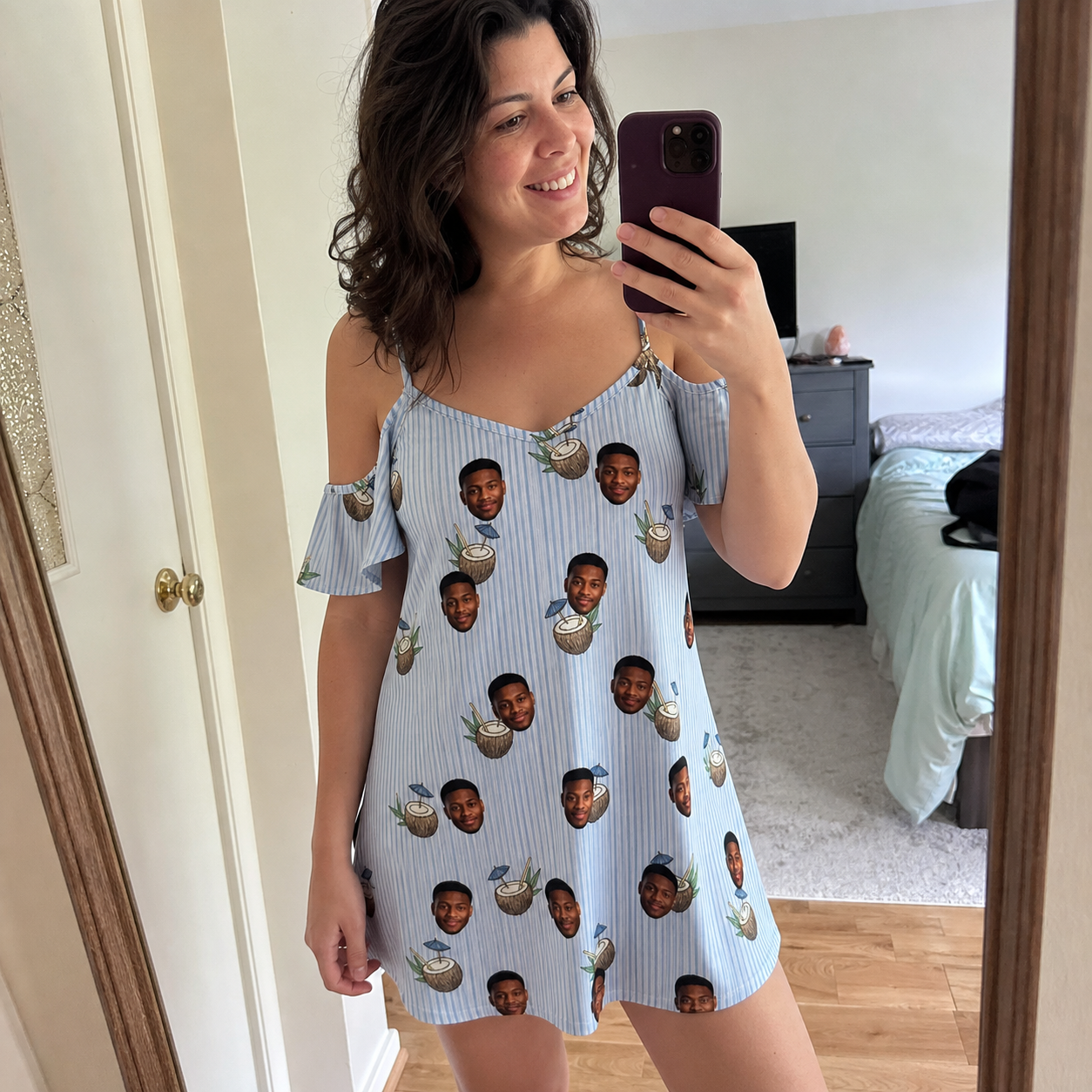 Real-life photo of someone wearing Women's Rum Reverie Custom Face Off-Shoulder Dress — custom faces printed all-over
