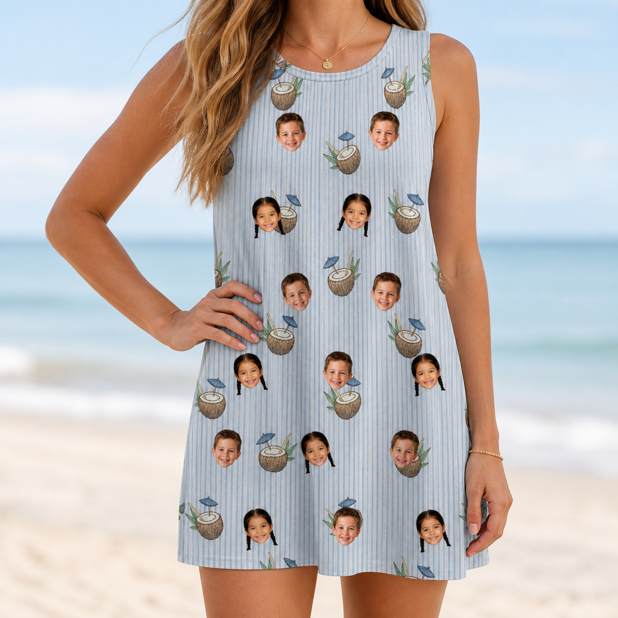 Model wearing Women's Rum Reverie Custom Face Tank Dress printed with kids' faces