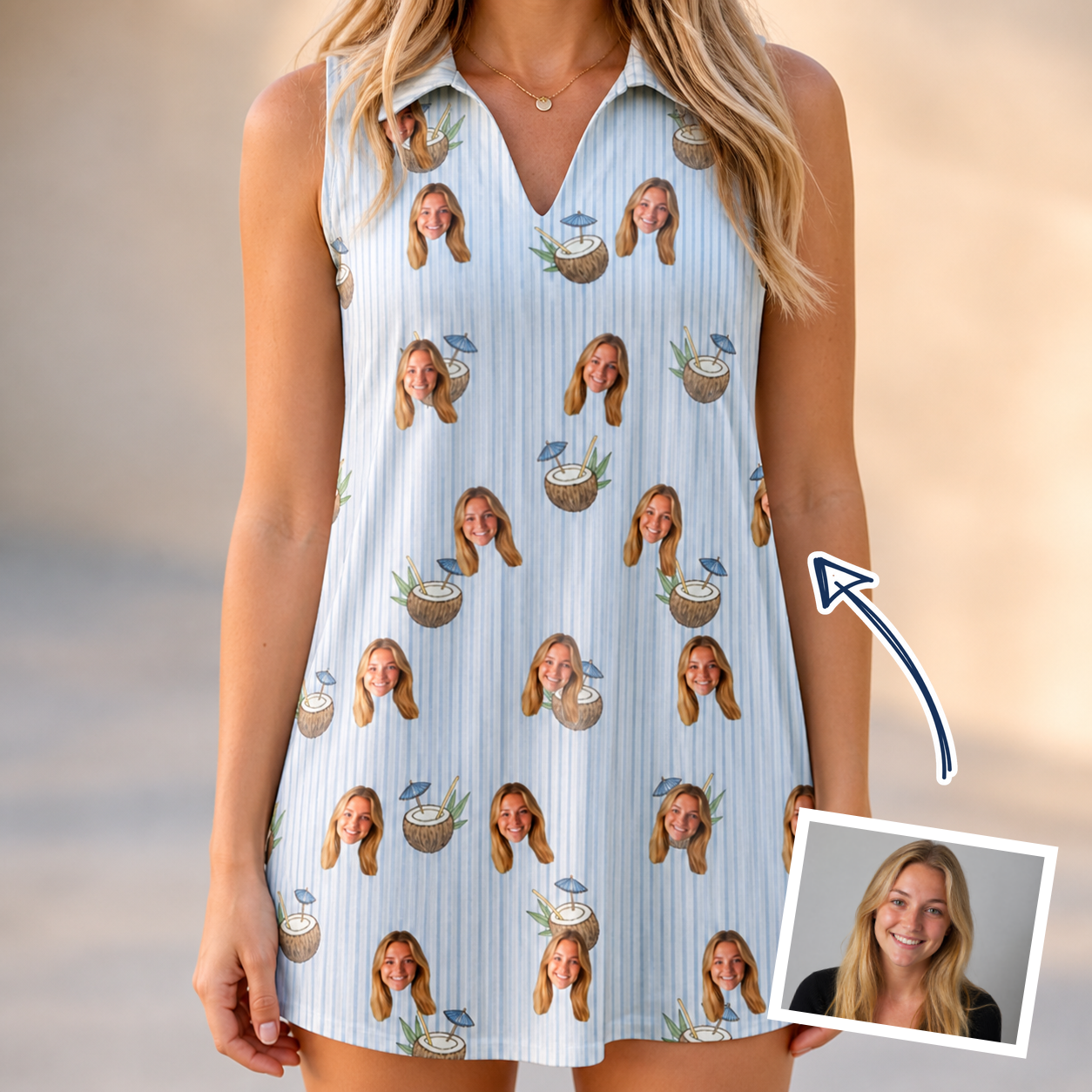 Woman wearing Women's Rum Reverie Custom Face V-Neck Dress — custom faces printed all-over