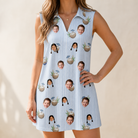 Model wearing Women's Rum Reverie Custom Face V-Neck Dress printed with kids' faces