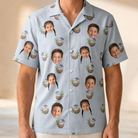 Model wearing Men's Rum Reverie Custom Face Hawaiian Shirt printed with kids' faces