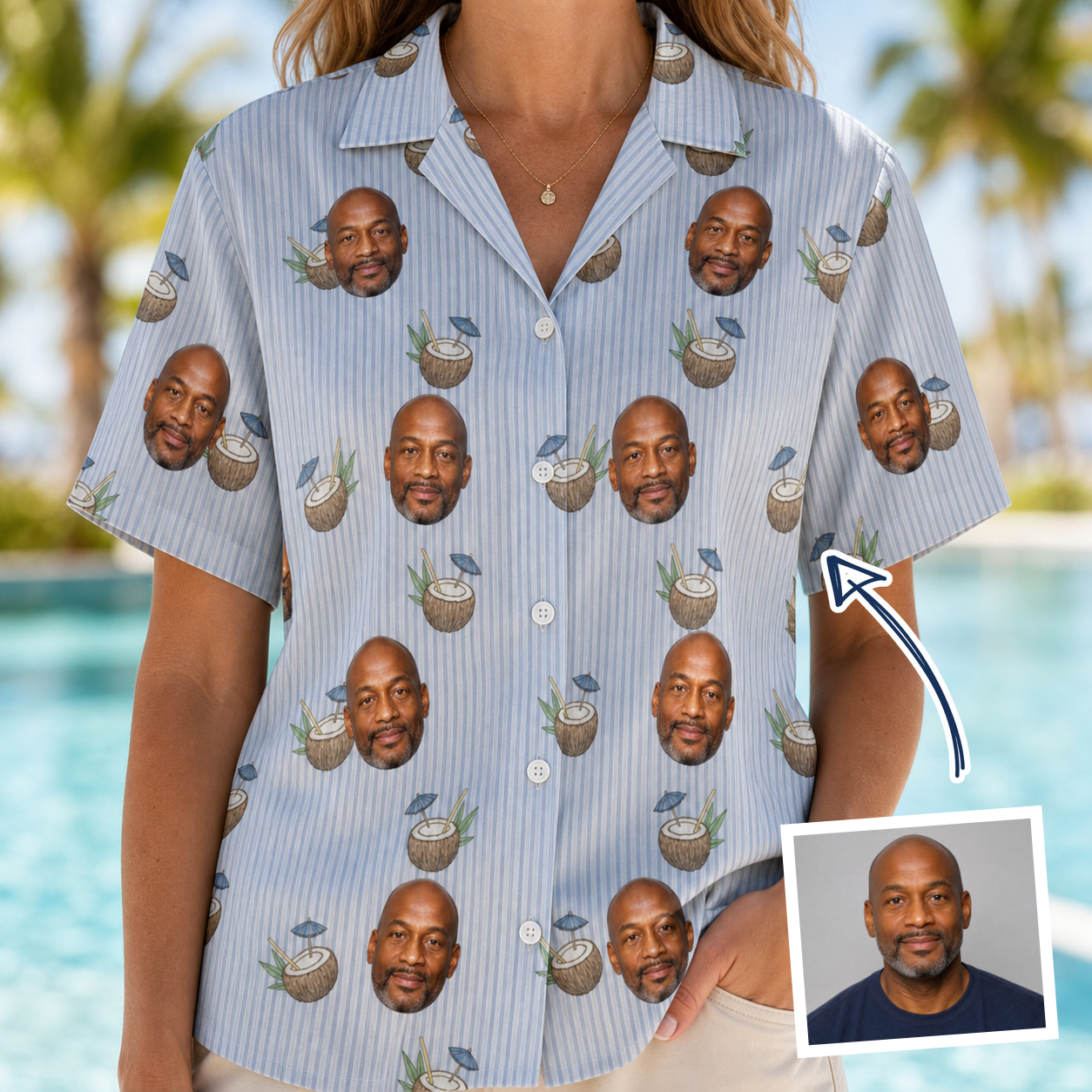 Woman wearing Women's Rum Reverie Custom Face Hawaiian Shirt — custom faces printed all-over