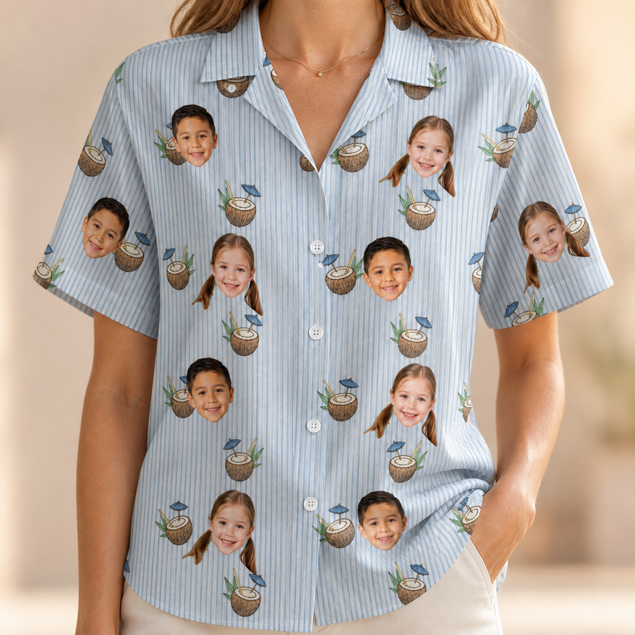 Model wearing Women's Rum Reverie Custom Face Hawaiian Shirt printed with kids' faces