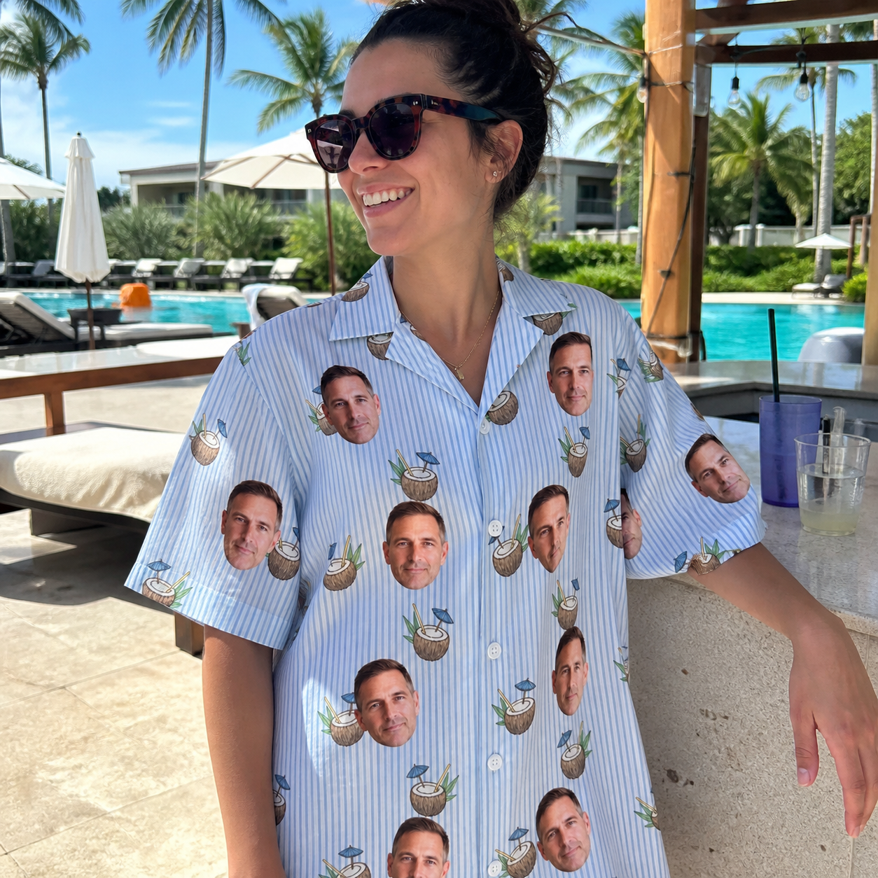 Real-life photo of someone wearing Women's Rum Reverie Custom Face Hawaiian Shirt — custom faces printed all-over