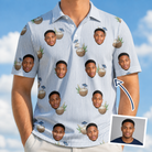 Man wearing Men's Rum Reverie Custom Face Polo Shirt — custom faces printed all-over