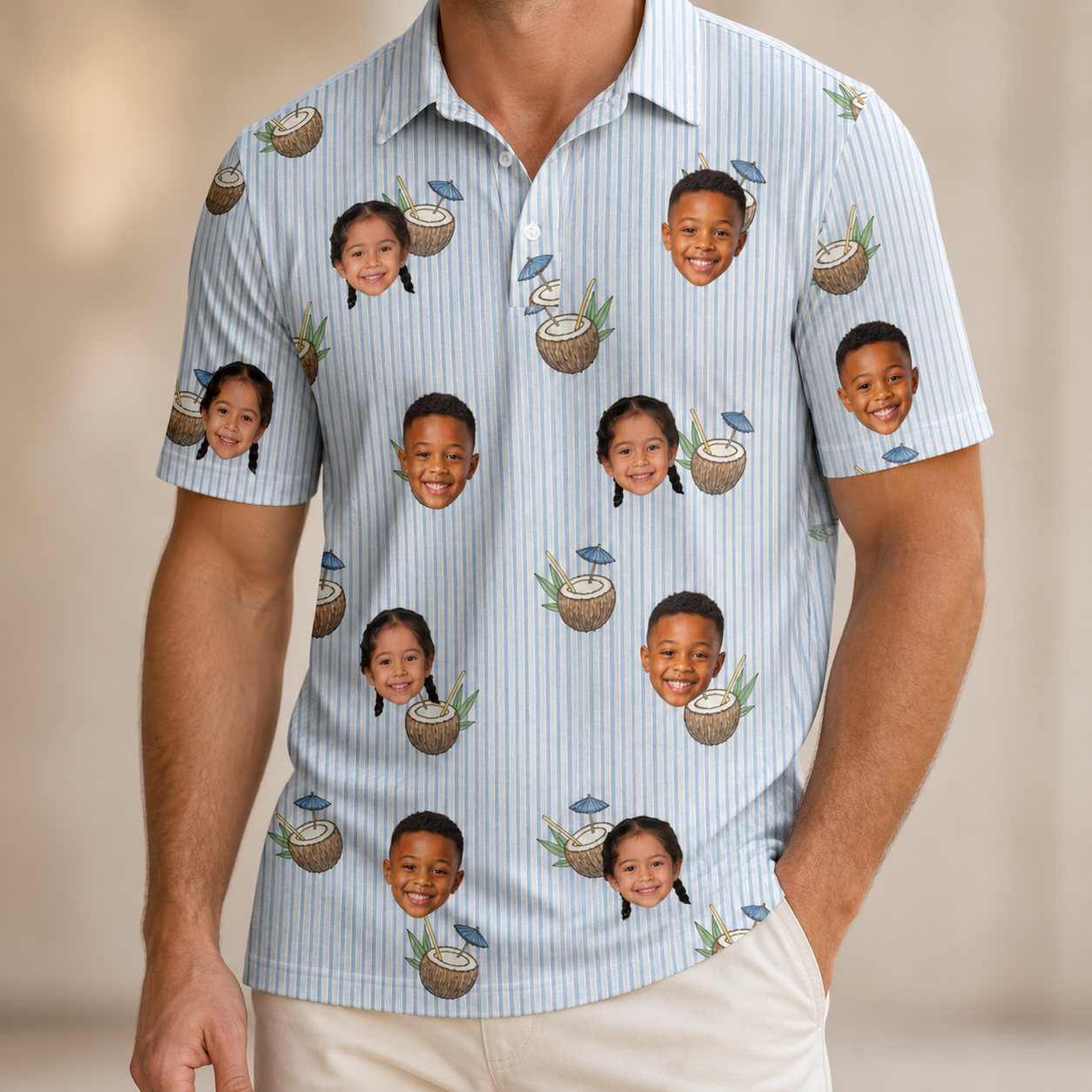 Model wearing Men's Rum Reverie Custom Face Polo Shirt printed with kids' faces