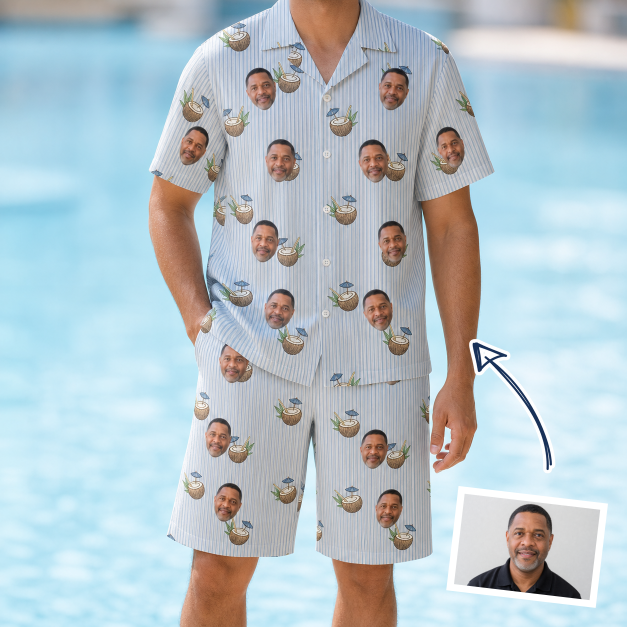 Man wearing Men's Rum Reverie Custom Face Shirt & Shorts Set — custom faces printed all-over