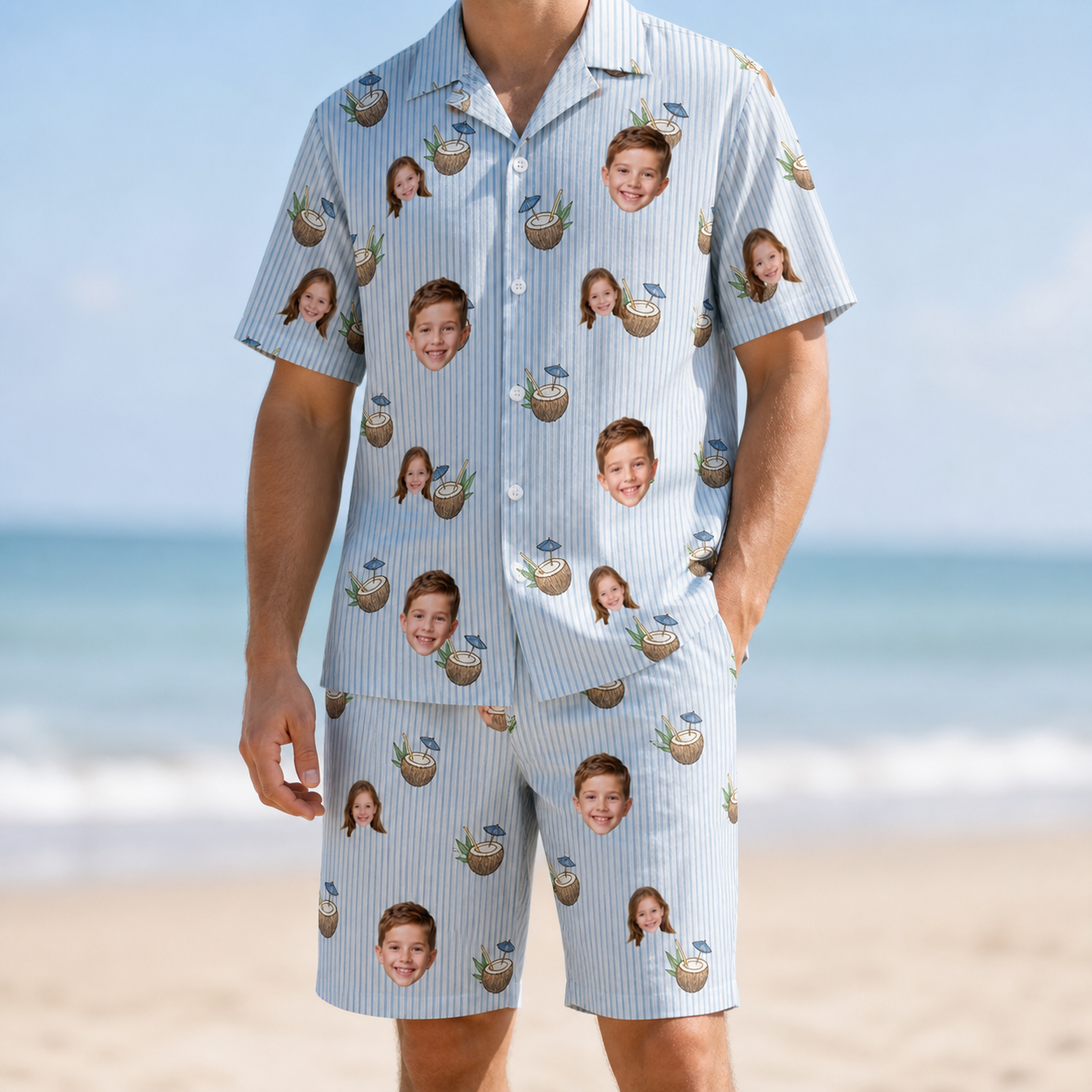 Model wearing Men's Rum Reverie Custom Face Shirt & Shorts Set printed with kids' faces