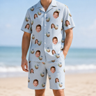 Model wearing Men's Rum Reverie Custom Face Shirt & Shorts Set printed with kids' faces