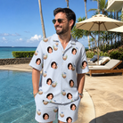 Real-life photo of someone wearing Men's Rum Reverie Custom Face Shirt & Shorts Set — custom faces printed all-over