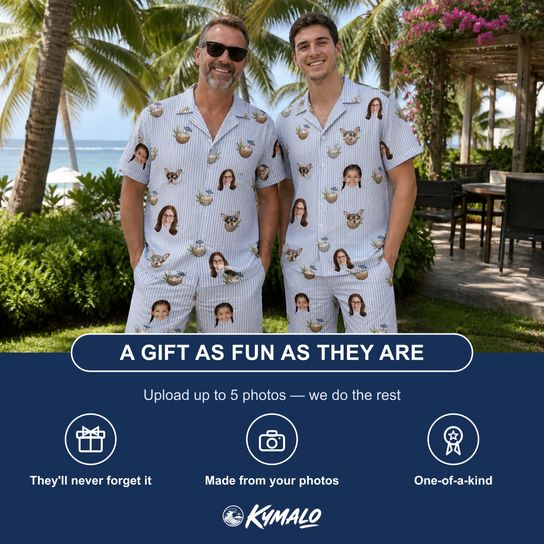 Friends in matching Men's Rum Reverie Custom Face Shirt & Shorts Set — a group gift photo