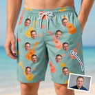 Man wearing Men's Hula Harmonics Custom Face Beach Shorts — custom faces printed all-over