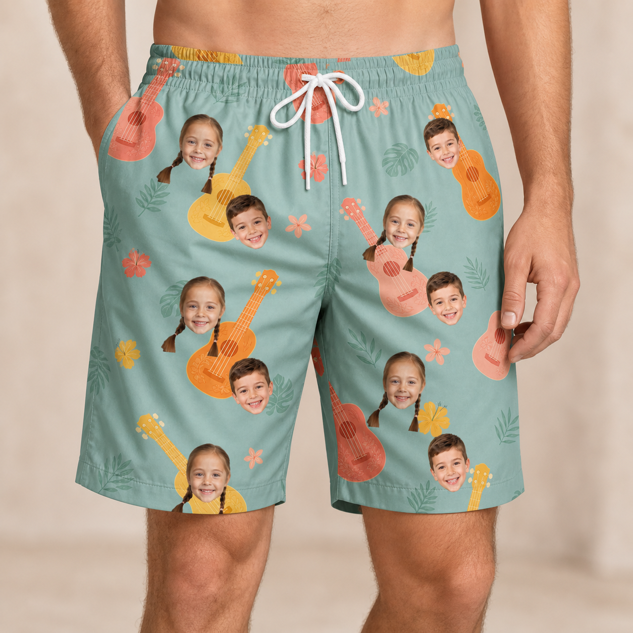 Model wearing Men's Hula Harmonics Custom Face Beach Shorts printed with kids' faces