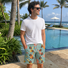 Real-life photo of someone wearing Men's Hula Harmonics Custom Face Beach Shorts — custom faces printed all-over