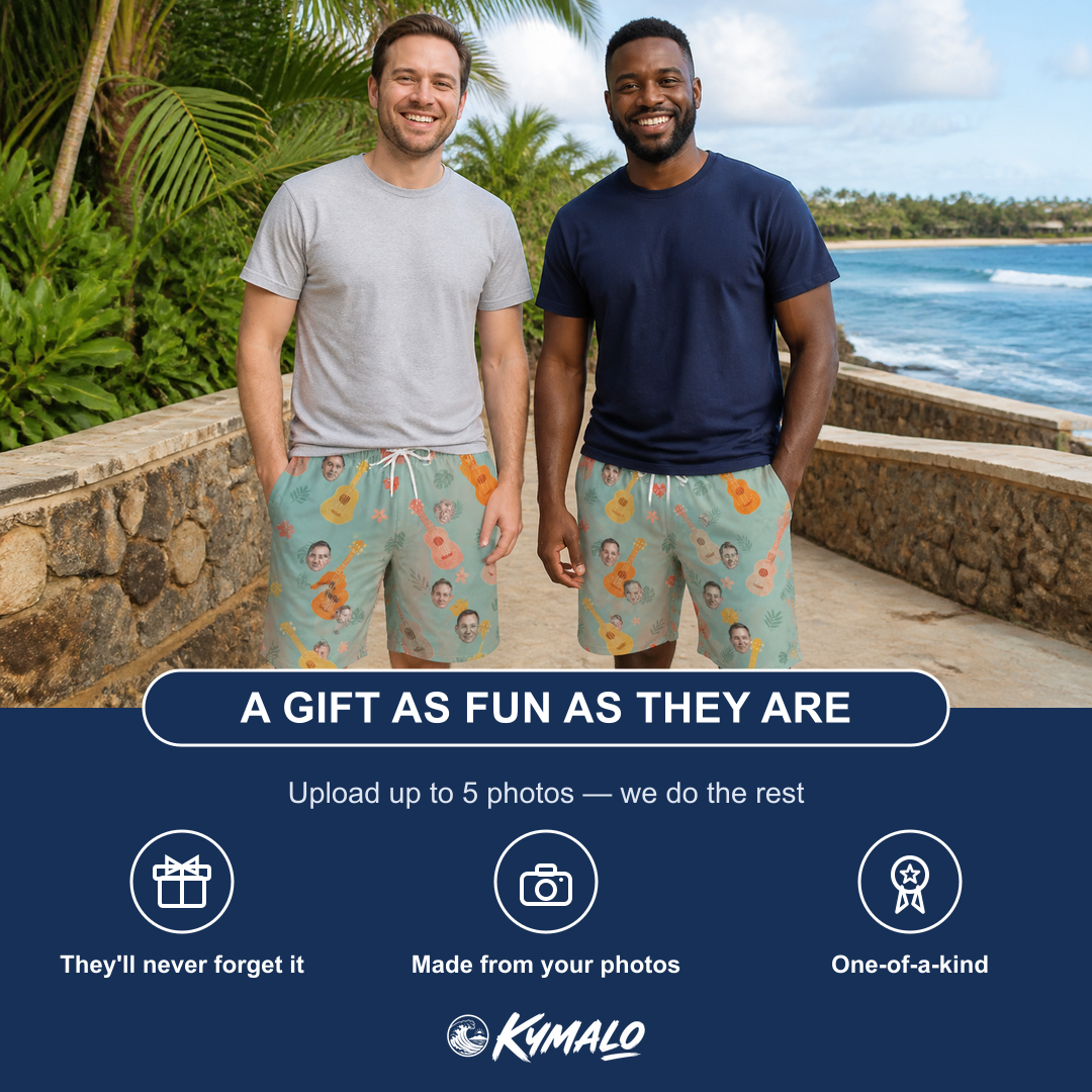 Friends in matching Men's Hula Harmonics Custom Face Beach Shorts — a group gift photo