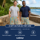 Friends in matching Men's Hula Harmonics Custom Face Beach Shorts — a group gift photo
